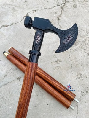 ANTIQUE BLACK BRASS AXE DESIGN HEAD HANDLE 3 FOLD WOODEN WALKING STICK CANE GIFT