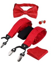 Mens Paisley Suspender and Bow Tie, Hanky, Cufflinks 071-red