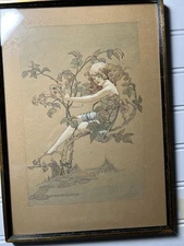 Bess Bruce Cleaveland 1920s Hand Colored Lithograph Fairy Girl Roses Framed
