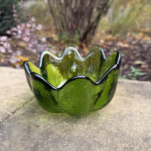 Vintage Blenko Glass Avocado Olive Green Art Glass Lotus Flower Bowl MCM 1960s