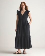 Quince Women Organic Textured Cotton Smocked V-Neck Midi Dress TRUE Black M