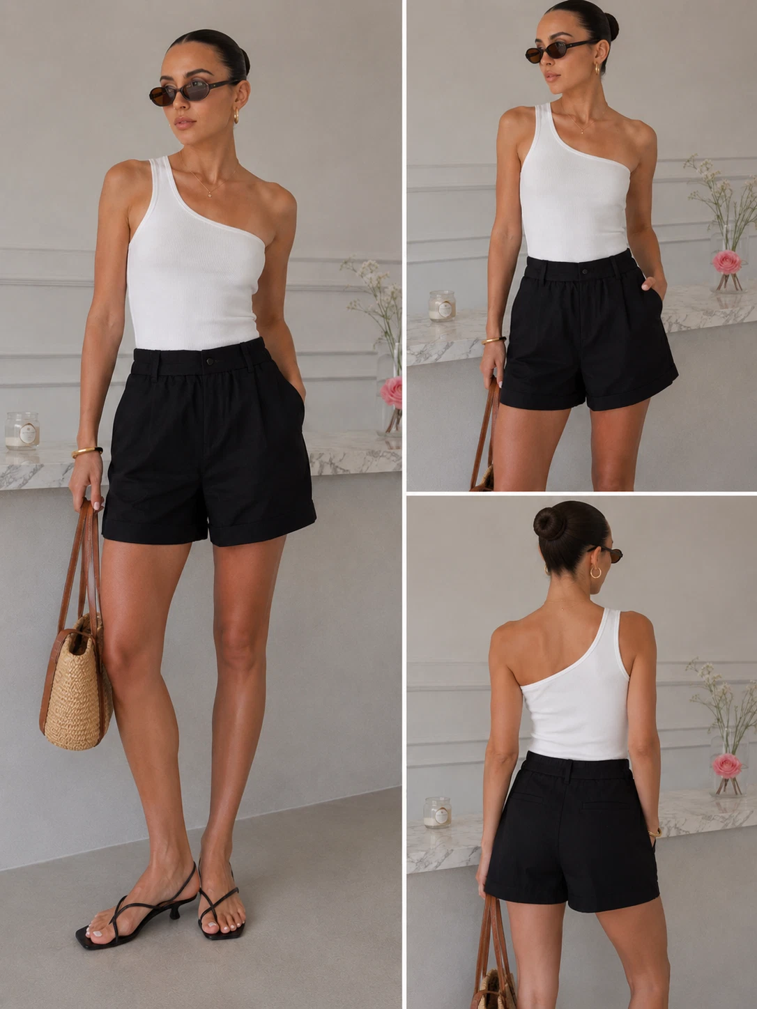 Zara Shorts Women S Black Excellent Linen Blend Pleated High Waist 2753/021/800