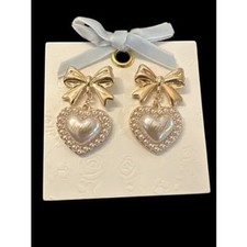 Gold Bow Pearl Heart Bride Drop Earrings Wedding Bridal Bachelorette Accessory