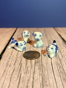 Miniature Delft Blue Puppy Dog Figurine Set Dollhouse Scale Hand Painted