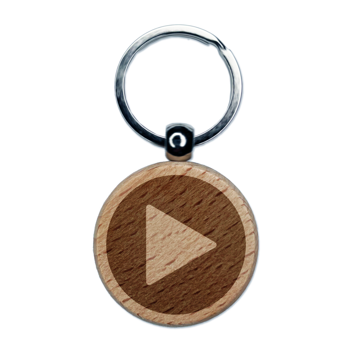 Play Button Icon Engraved Wood Round Keychain Tag Charm
