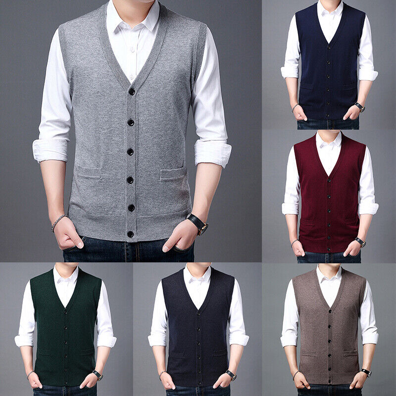 Men's Sweater Vest V Neck Button Cardigan Sleeveless Basic Knitted Work Casual