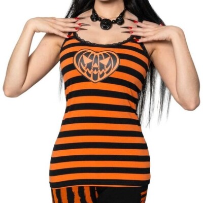 Kreepsville Black & Orange Stripes Lace Camisole Tank Top Jack o Lantern S-3XL