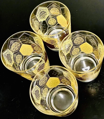 Set of 4 Hollywood Regency Cera Ned Harris Double Lowball 12 oz Whiskey Glasses