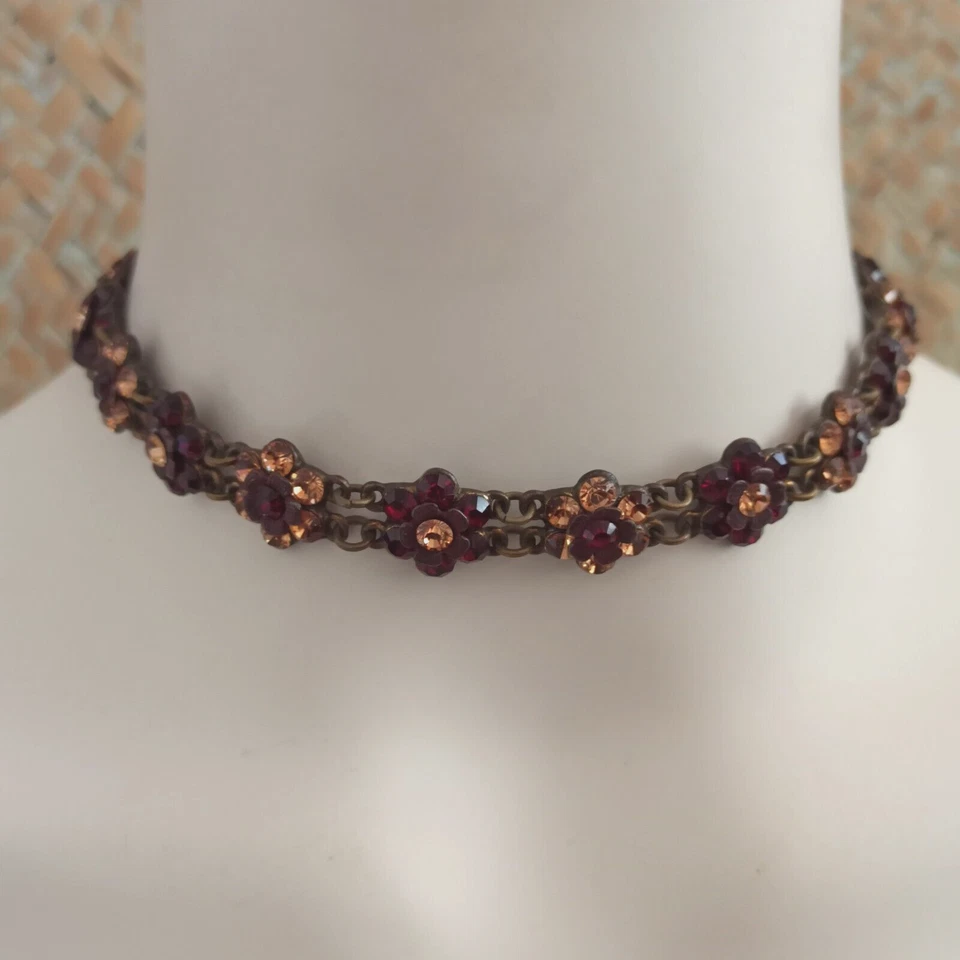 Michal Negrin Chocker Necklace Maroon Beige Floral Victorian Revival Cocktail - Image 3 of 4