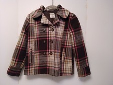 Old Navy Girls size 10-12 large Pea Coat Brown Pink cream plaid EUC Wool blend