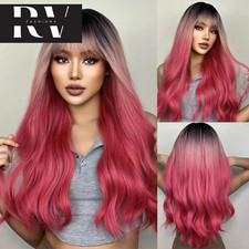 Ombre Black Pink Red Long Wavy Synthetic Wigs Cosplay Colored Natural Hair