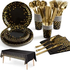 141 Pieces Black Gold Party Supplies Party Dinnerware Sets Include Paper Plat...