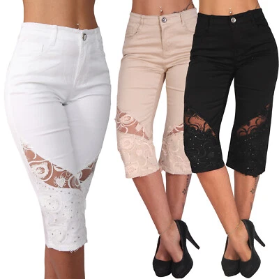 Hose Capri 3/4 Spitze Schlitze Strass Treggings Leggings Blumen High Waist Stein - Bild 1 von 4