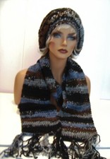 BLUE BROWN MULTI COLOR HAT AND SCARF SET BERET CLOCHE BAGGY SLOUCHY TAM CROCHET