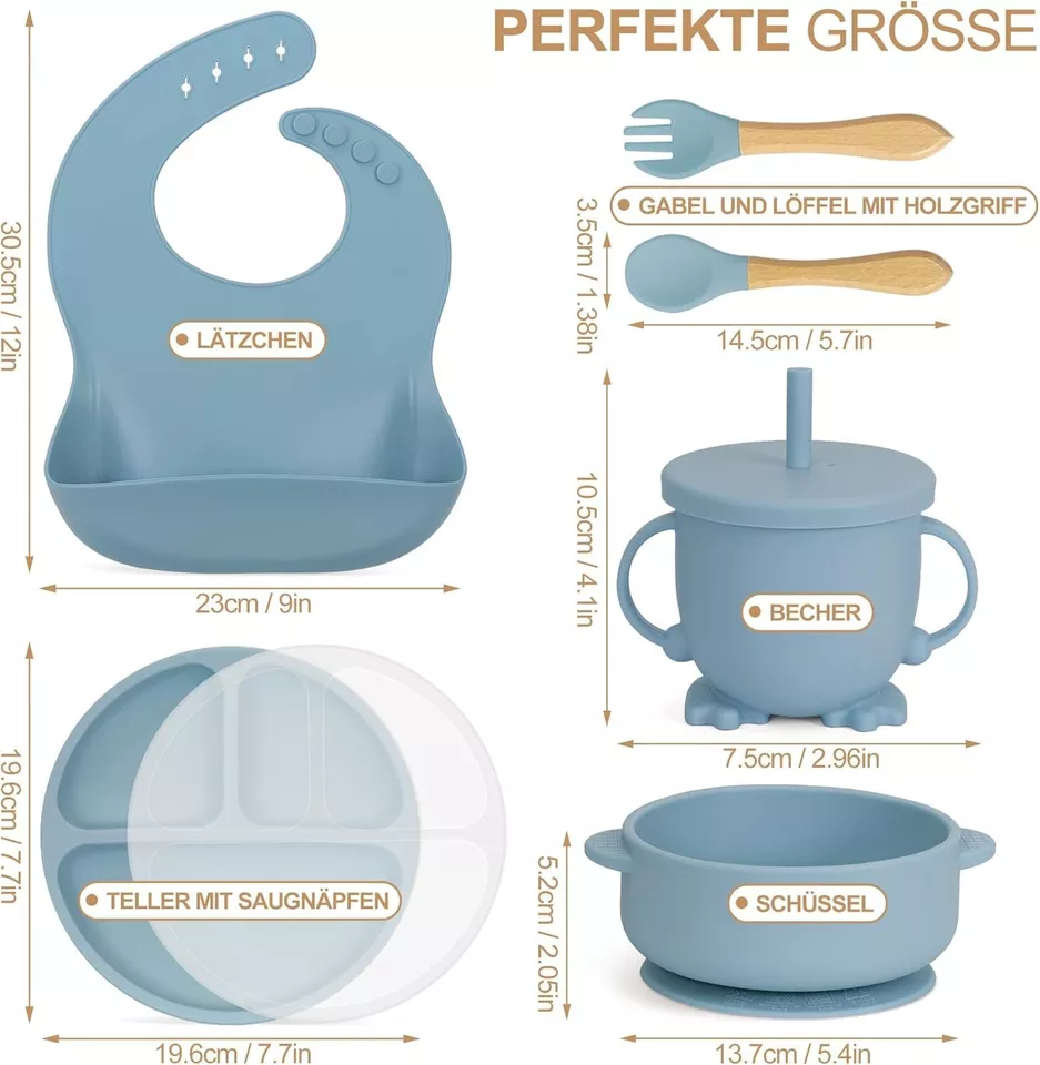 Baby Geschirrset 7-teilig mit Saugnapf Rutschfest Silikon Kind Blau B500 - Bild 2 von 4
