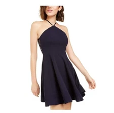 Sequin Hearts Junior Womens 5 Navy Blue Lace Back Fit Flare Mini Dress NWT BC43