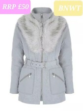 Peacocks Grey Faux Wool Quilted & Faux Fur Trim Coat-uk 12/eu 40-£50 New-bnwt