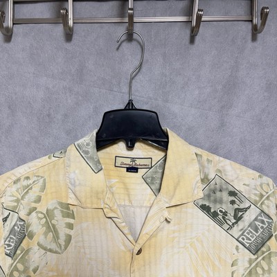 Tommy Bahama Shirt Men L Yellow Silk Floral Hawaiian Button Up Camp Loop Collar