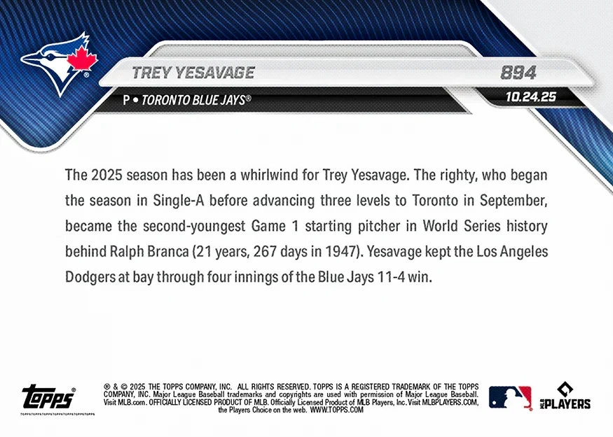 Trey Yesavage Blue Jays 2025 MLB Topps NOW Card #894 World Series Debut Presale - Image 2 of 2