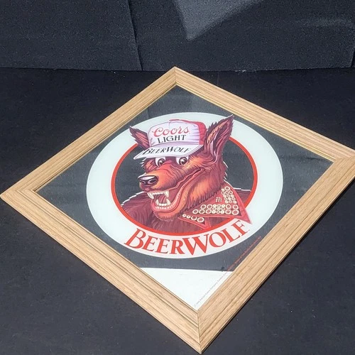 VINTAGE 1986 Coors Light Beer Wolf Framed Mirror Bar Sign Man Cave Decor