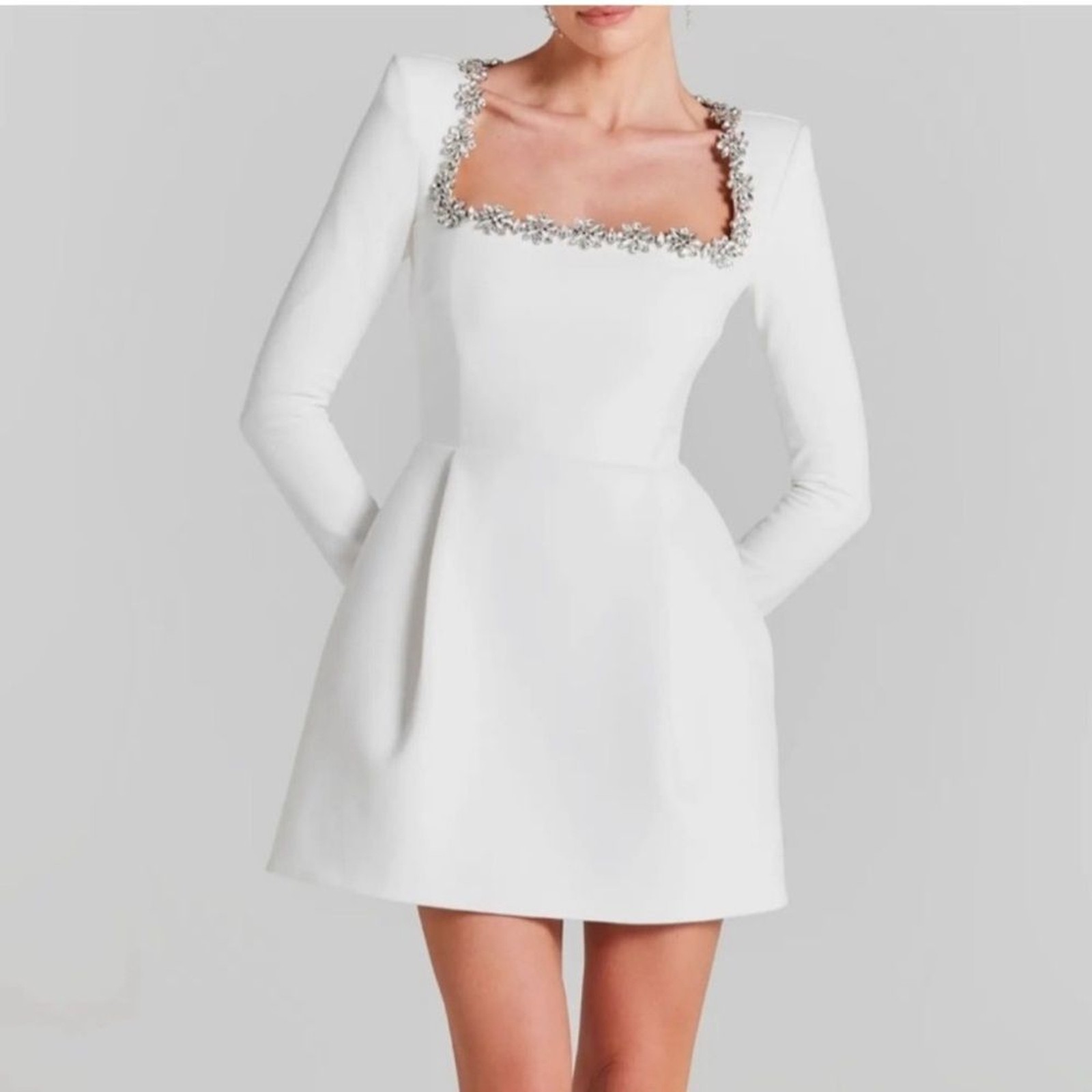 NEW Nadine Merabi Kimberly Rhinestone Long Sleeve White Mini Dress Size 2