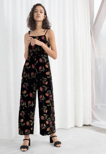 & other stories floral square neck velvet straight leg jumpsuit 70s boho