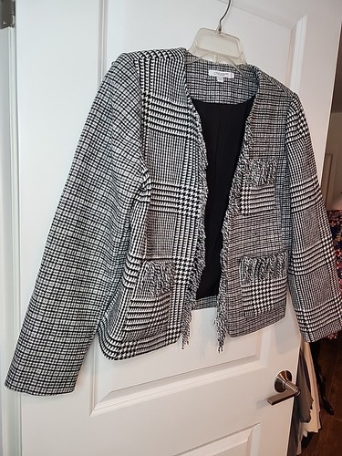 Blazer Chico's donna 1,5 grigio a quadri tweed bordo frange aperto davanti giacca classico - Foto 8 di 16