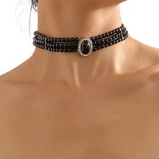 3 layer Pearl Strand Necklace Choker Bib Collar Black Choker Necklace for Women