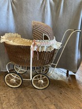 WOVEN WICKER BABY DOLL CARRIAGE PRAM METAL WHEELS SOUTH BEND TOY CO. VINTAGE