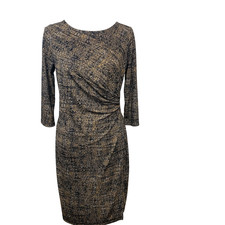 Talbots Dress  MP Brown Print Ruched 3/4 Sleeve Stretch Office Travel Work