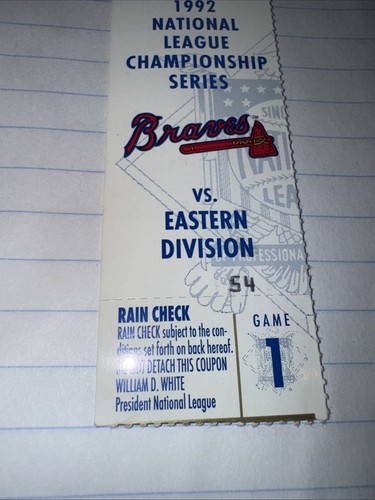 Boleto Juego 1 Serie Campeonato Liga Nacional 1992 Smoltz Braves v Piratas - Imagen 2 de 4