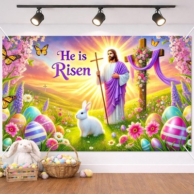 Happy Easter Banner 71x43 Inch He is Risen Easter Backdrop Spring Christian C...
