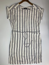 M&S Autograph Striped Shift Dress Size 14 Navy White Short Sleeved Tie Waist