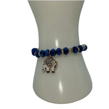 NWT Blue Beaded Gold-Tone Rhinestone Elephant Pendant Stretch Bracelet