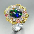 Super Top AAA+ 5 ct+ Natural Black Opal Ring 925 Sterling Silver Size 8 /R464115