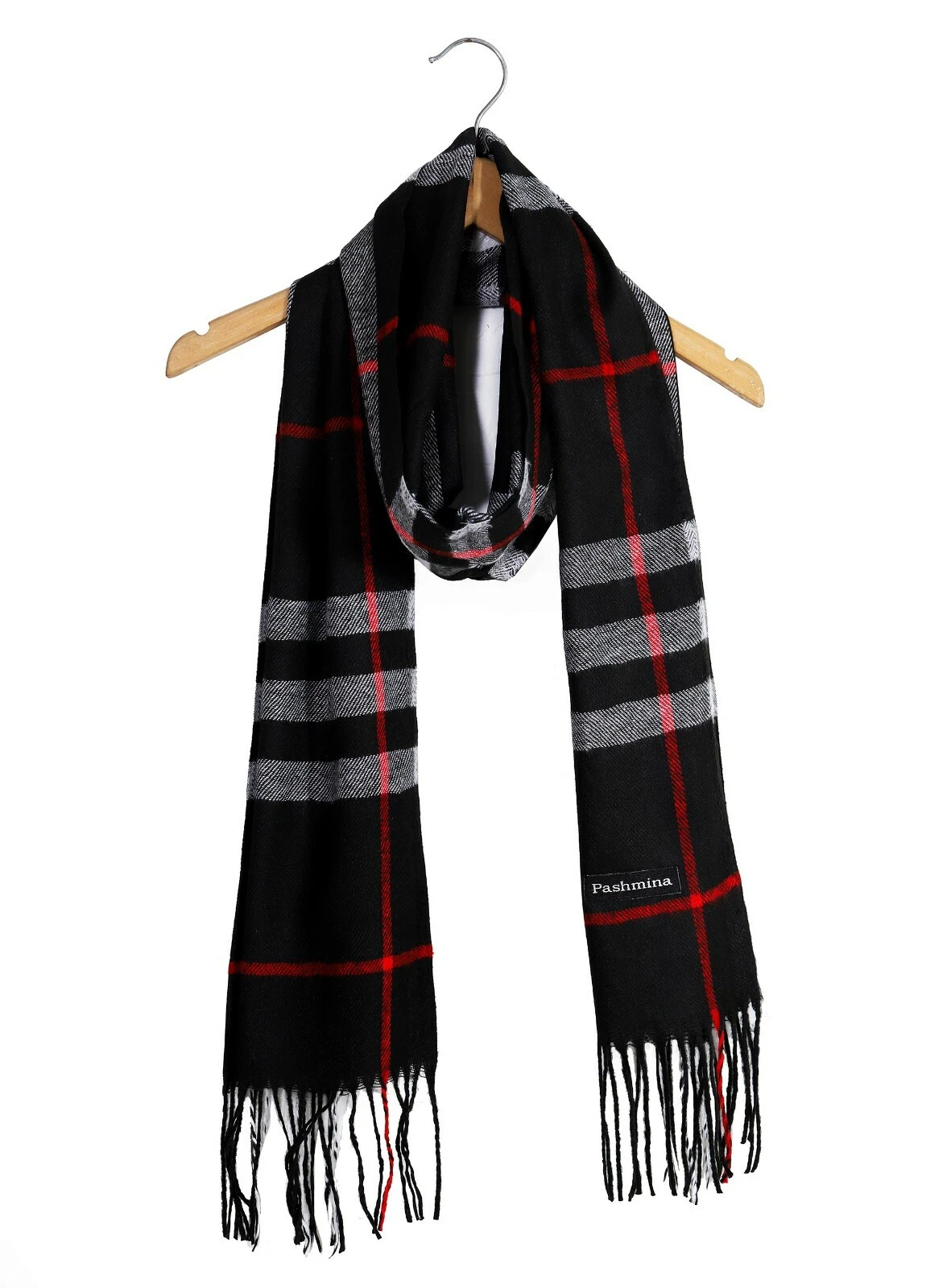 100% CASHMERE Scarf Check Tartan Plaid Wrap Black Scarves Winter Warm