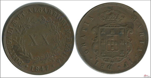 Portugal 20 Reis 1847 / Maria II MBC VF+ KM00482