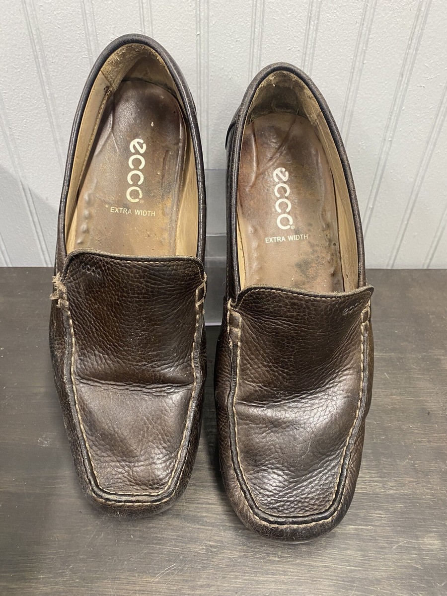 Ecco Classic Brown Leather Shoe Mens Loafers Size 43 WideSlip On