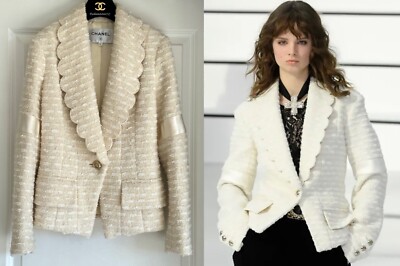 CHANEL 20A ECRU GOLD CC BUTTONS RUNWAY WOOL SILK JACKET 34 XS | eBay