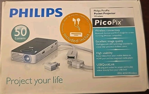 Philips PicoPix PPX4350 Pocket Projector w/Bluetooth HDMI 50 Lumens NEW Open Box