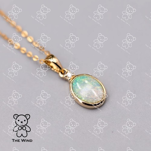 Minimalist Oval Australian Solid Opal & Diamond Pendant Necklace 18k Yellow Gold - Picture 2 of 4