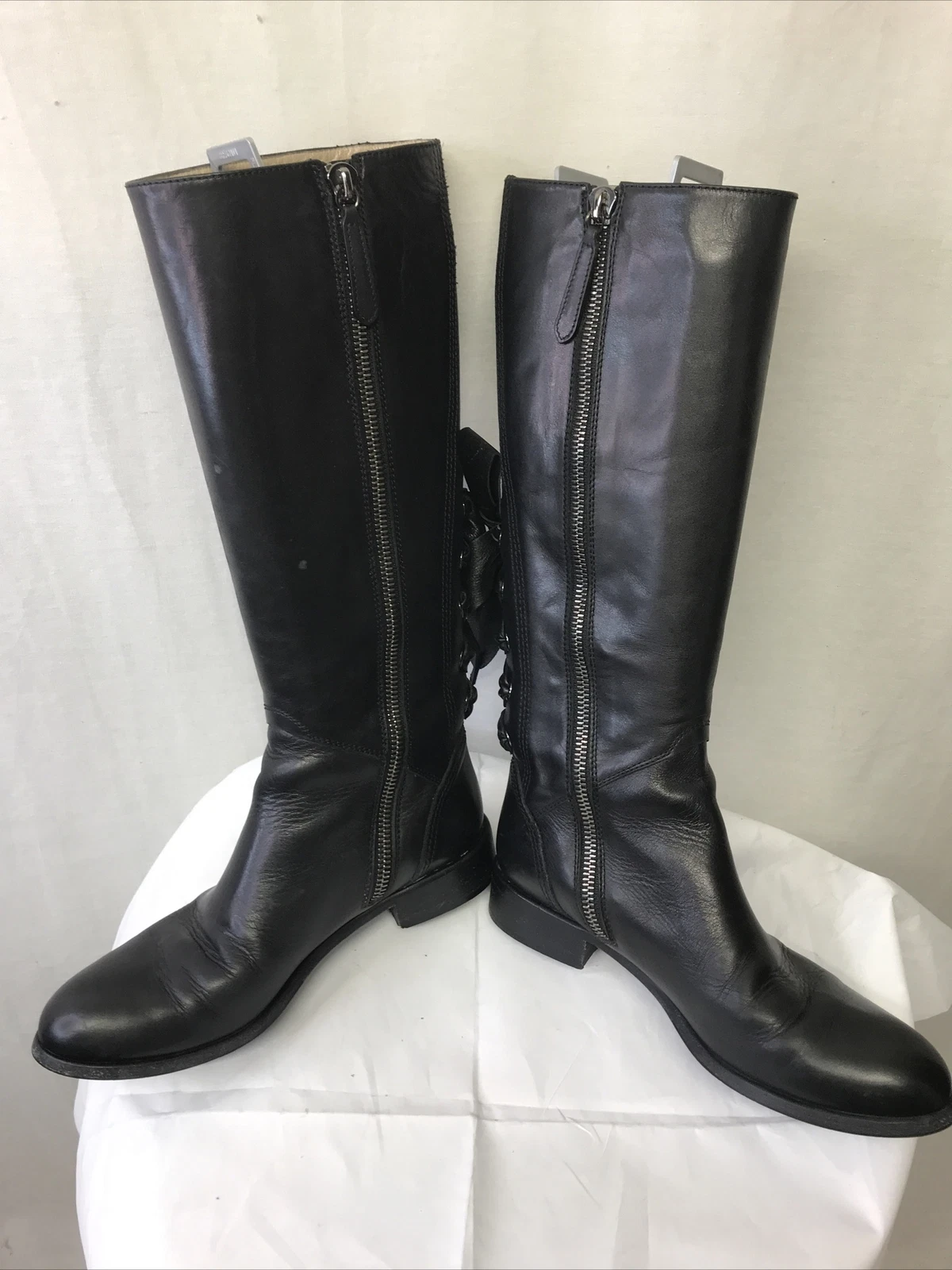 Authentic VALENTINO "Ascot" Black Leather Ribbon Riding Boots Size 39 $1695
