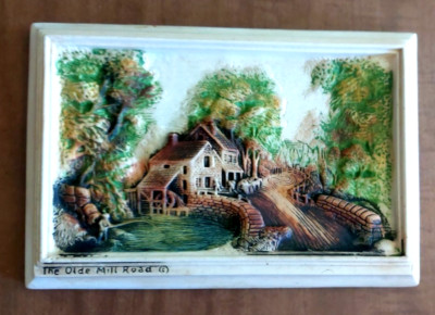 Vtg Cottage Core Country Chalkware 3D Plaque The Olde Mill Road Water Mill