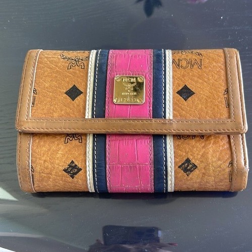 MCM Germany Monogram Munchen Visetos Pink, Cream, Purple Striped Wallet E2833