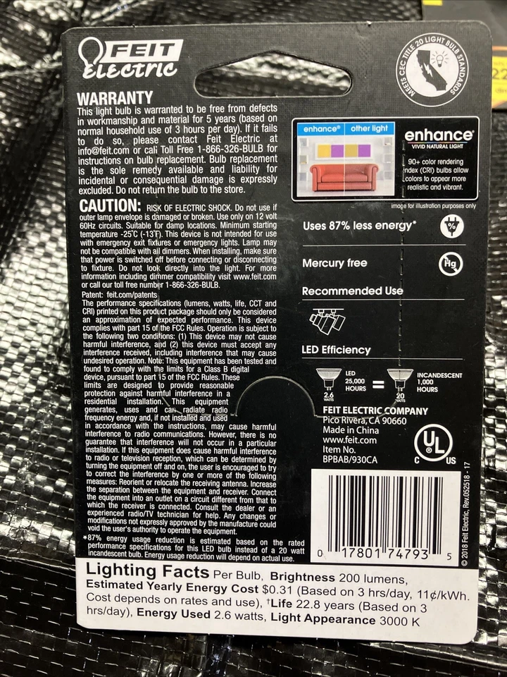 FEIT 20 Watt 200 Lumens Bright White BAB GU5.3 Dimmable - Image 2 of 2