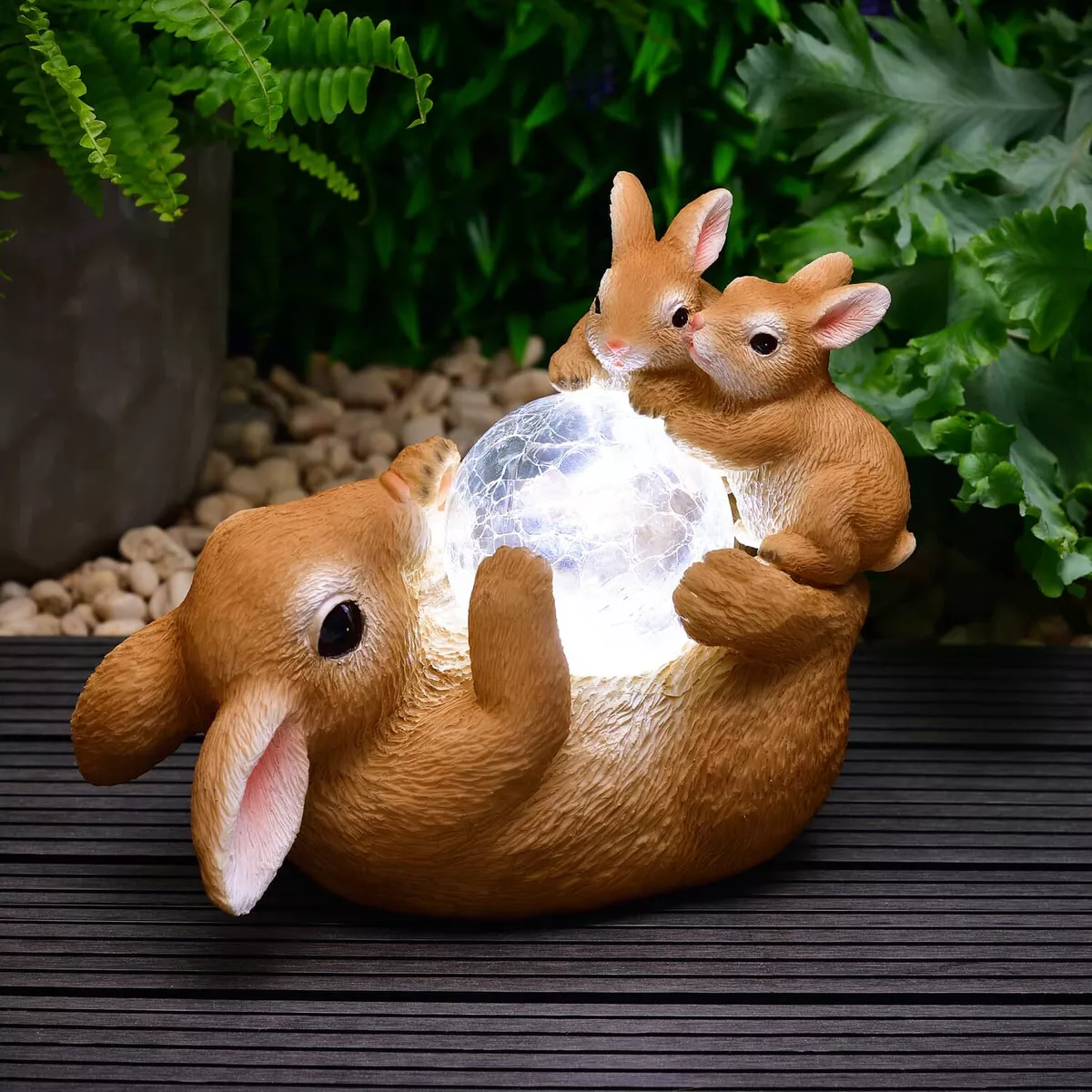 Resin Rabbit Family With Solar Light No Wiring Required Auto On At Dusk
