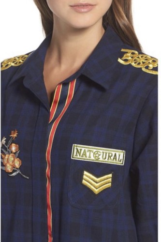 $75 Sam Edelman Patch Embellished Navy Plaid Long Sleeve Dress Shirt size S NWT - Picture 2 of 9