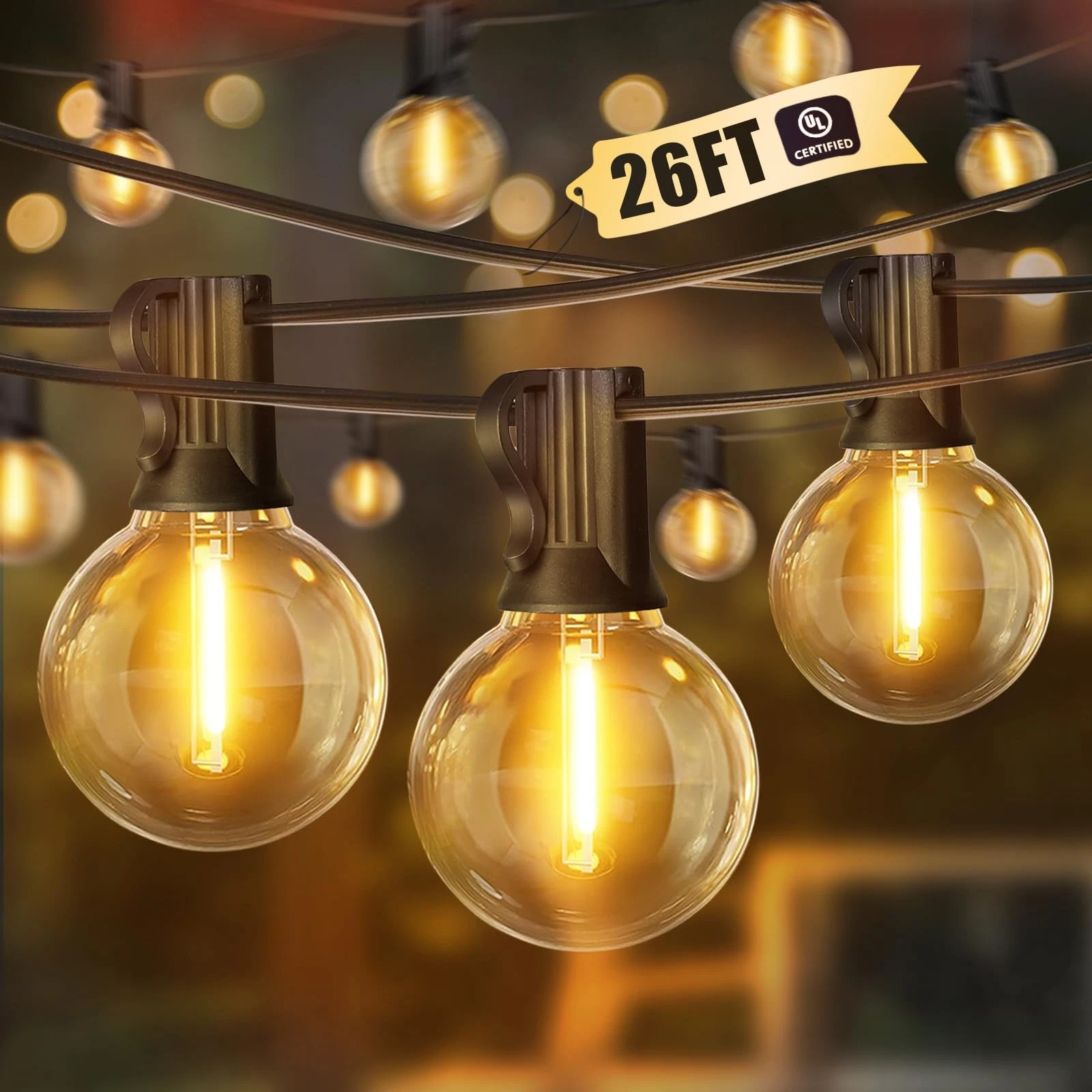 LED Outdoor String Lights, 26FT Warm White Patio Lights with 12+1 Edison Shat...
