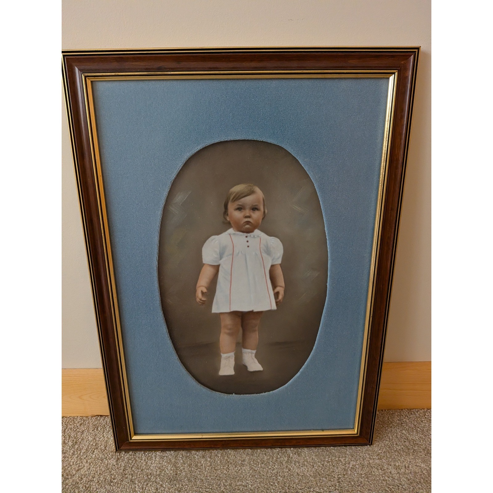 Vintage Hand Tinted Child Portrait Blue Velvet Mat Gold Wood Frame 1977 15x21