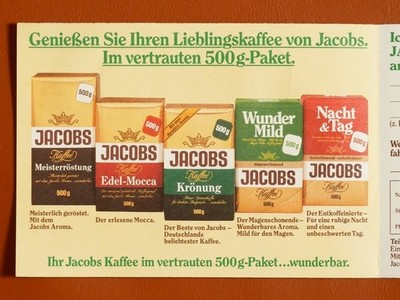 Aufkleber JACOBS Kaffee Werbung Gewinnspiel 80er-Jahre 4-seitig Postkarte